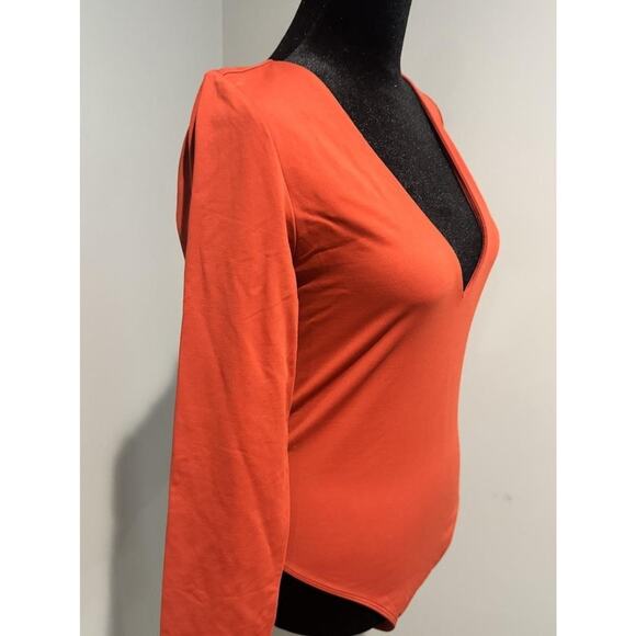 Babaton Bodysuit Womens Large Orange Long Sleeve Deep V Neck Stretch Jersey - Picture 4 of 8
